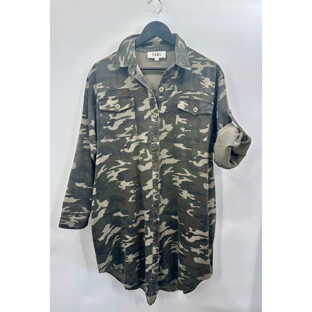 P.Cill Womens‎ Camo Print Utility Shacket  Dress Green Camo ML Gorpcore Grunge